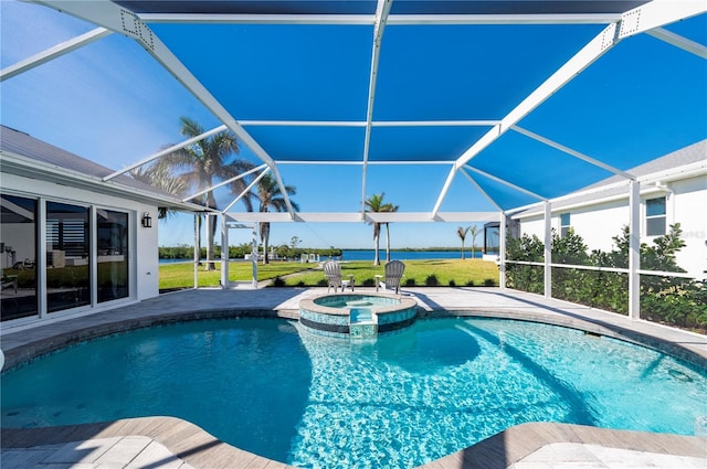 view of swimming pool with an in ground hot tub, a patio area, a water view, a lanai, and a yard