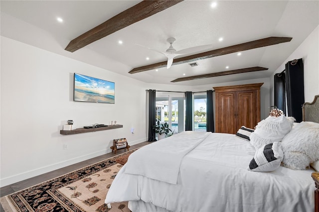 bedroom with ceiling fan, access to exterior, and beamed ceiling