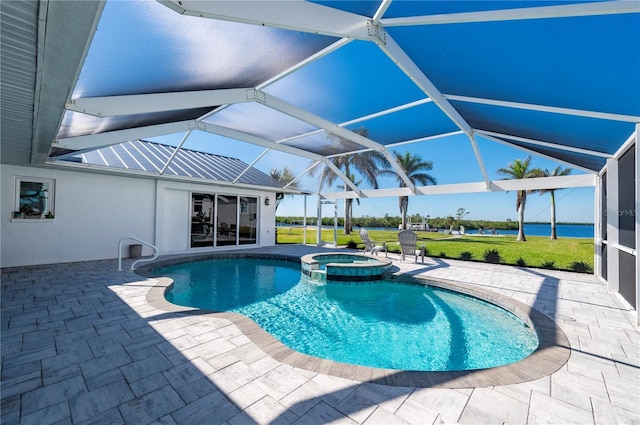 view of pool featuring a lanai, a water view, a patio area, and an in ground hot tub