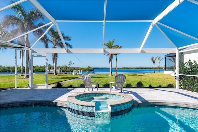 view of pool with a lanai, a water view, an in ground hot tub, and a patio