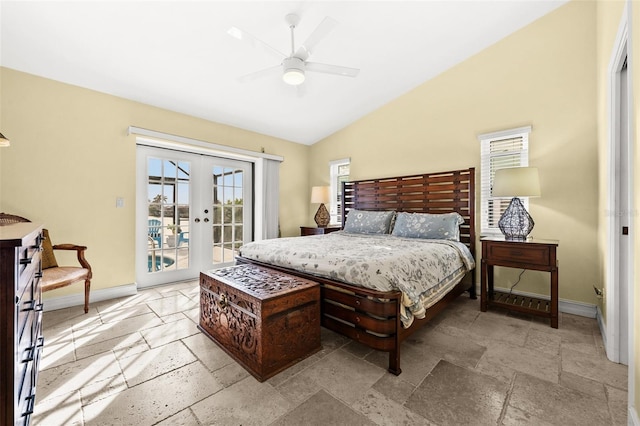 bedroom with access to exterior, stone tile floors, baseboards, and french doors