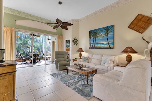 living room with ceiling fan and light tile patterned floors