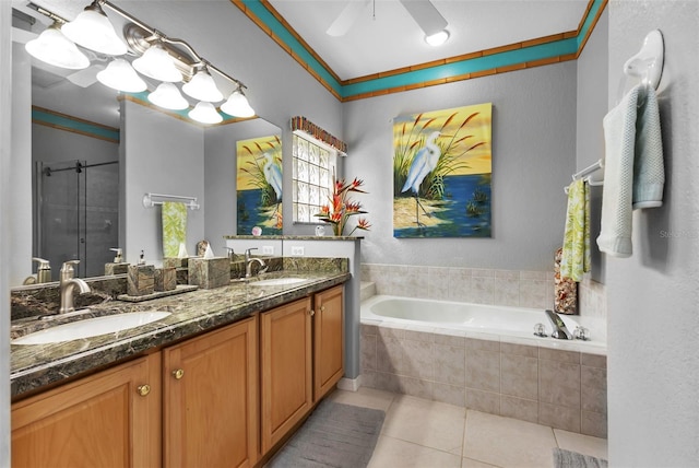 bathroom with tile patterned floors, ceiling fan, separate shower and tub, and ornamental molding