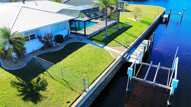 aerial view featuring a water view