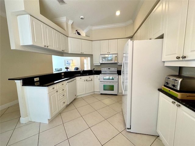 kitchen featuring kitchen peninsula, ornamental molding, white appliances, white cabinetry, and light tile patterned flooring