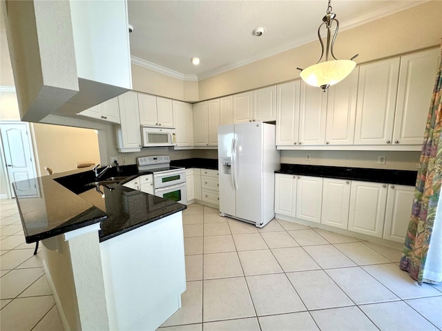 kitchen with kitchen peninsula, white cabinetry, crown molding, and white appliances