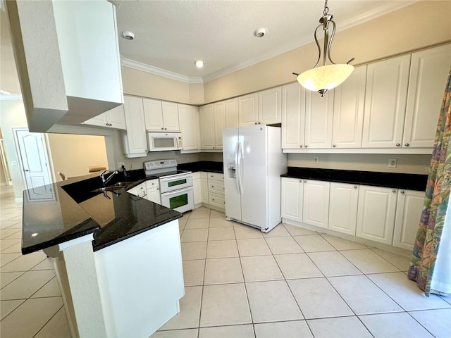 kitchen with kitchen peninsula, crown molding, pendant lighting, white appliances, and white cabinets