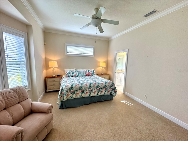 bedroom featuring multiple windows, light colored carpet, ceiling fan, and ornamental molding