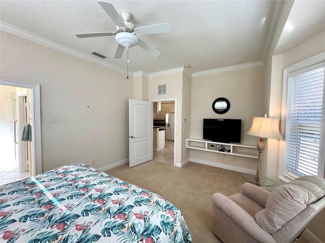 bedroom with stainless steel fridge with ice dispenser, ceiling fan, light carpet, and ornamental molding