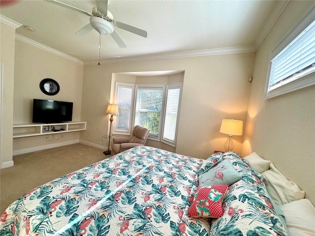 bedroom featuring carpet, multiple windows, ceiling fan, and ornamental molding