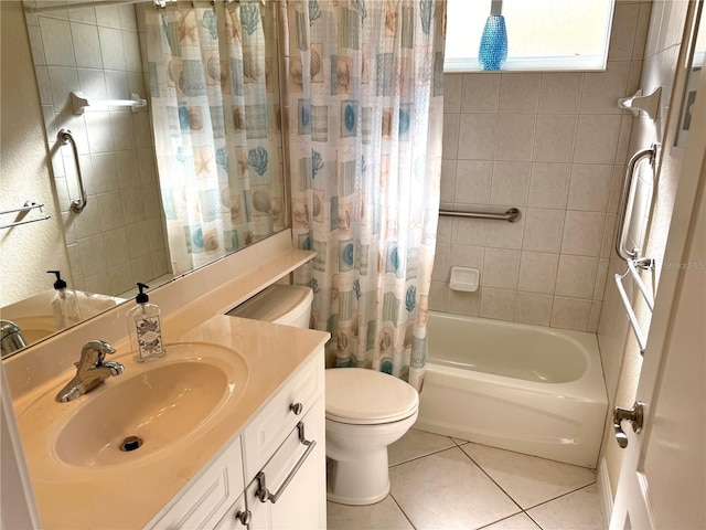 full bathroom with toilet, vanity, tile patterned floors, and shower / tub combo with curtain