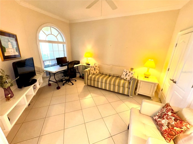 tiled office space featuring ceiling fan and ornamental molding