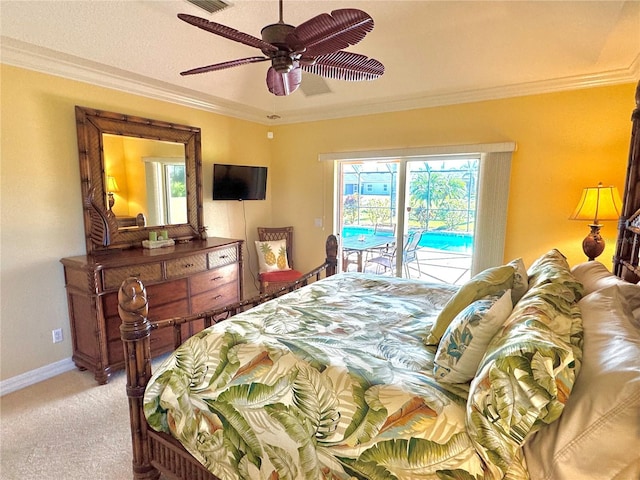 bedroom with ceiling fan, ornamental molding, access to outside, and multiple windows