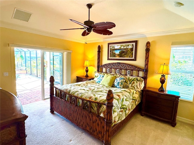 bedroom with access to outside, ceiling fan, ornamental molding, and light colored carpet