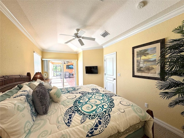 bedroom with access to outside, ceiling fan, a textured ceiling, and ornamental molding