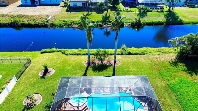 aerial view featuring a water view