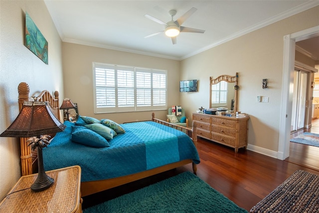 bedroom with dark wood-type flooring, ceiling fan, and crown molding