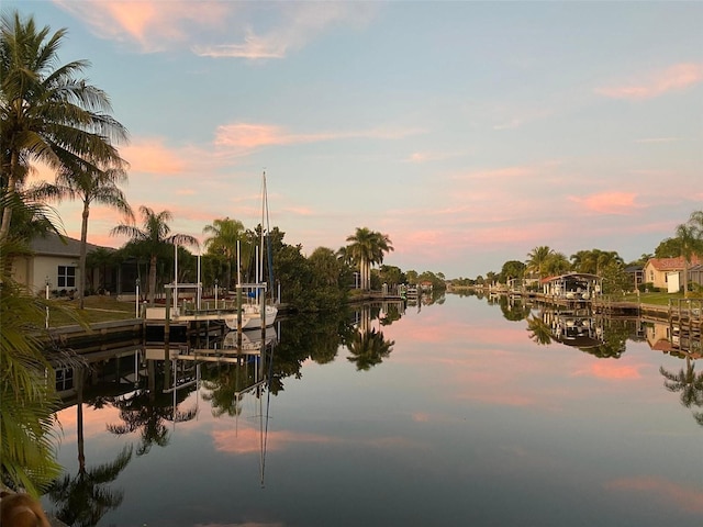 view of water feature with a dock