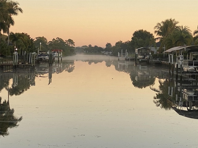 property view of water with a dock