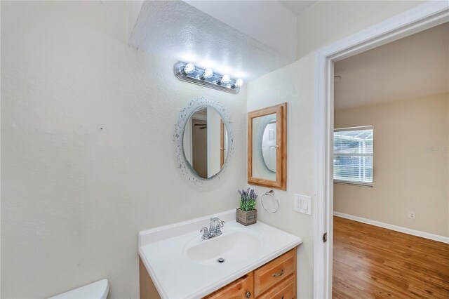 bathroom featuring vanity, wood-type flooring, and toilet