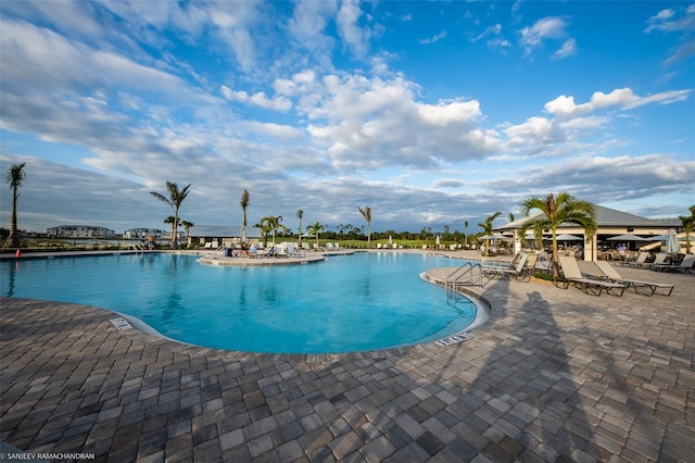 view of swimming pool featuring a patio area