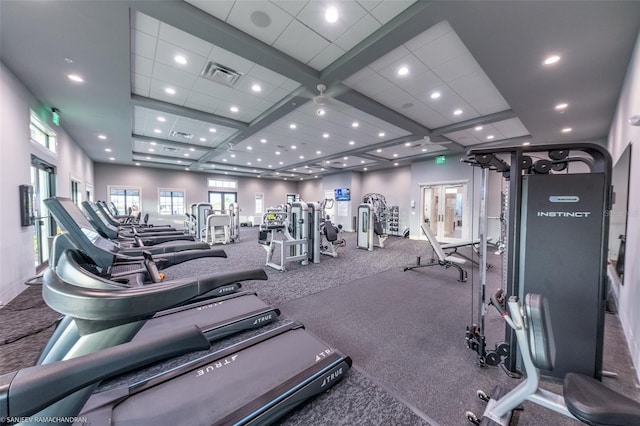 exercise room with carpet floors and coffered ceiling