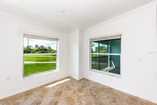 unfurnished room with lofted ceiling, a healthy amount of sunlight, and ornamental molding