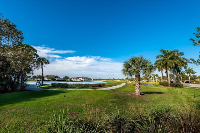 view of home's community with a yard and a water view