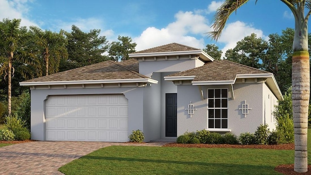 16114 Highgate St, Port Charlotte, FL 33953 - view of front facade with stucco siding, a garage, decorative driveway, and a front yard