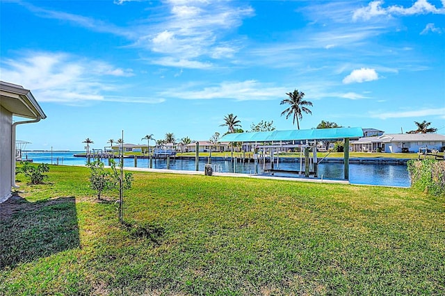 dock area featuring a yard and a water view