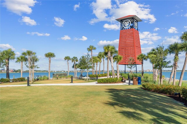 view of community featuring a lawn and a water view