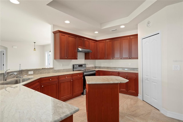 kitchen with light stone countertops, stainless steel electric range oven, sink, kitchen peninsula, and pendant lighting