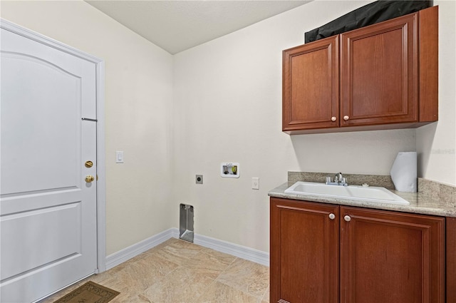 laundry room with hookup for an electric dryer, cabinets, sink, and hookup for a washing machine