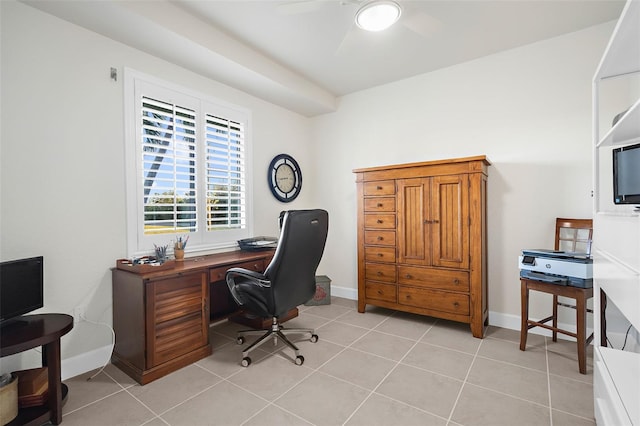 office space featuring ceiling fan and light tile patterned floors