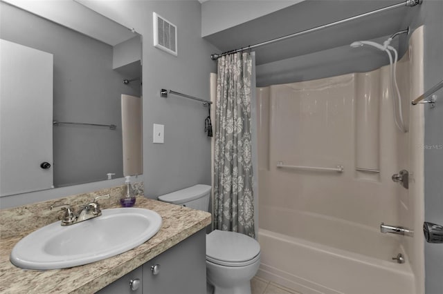 full bathroom featuring tile patterned flooring, shower / bath combination with curtain, toilet, and vanity