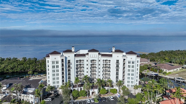 drone / aerial view with a water view