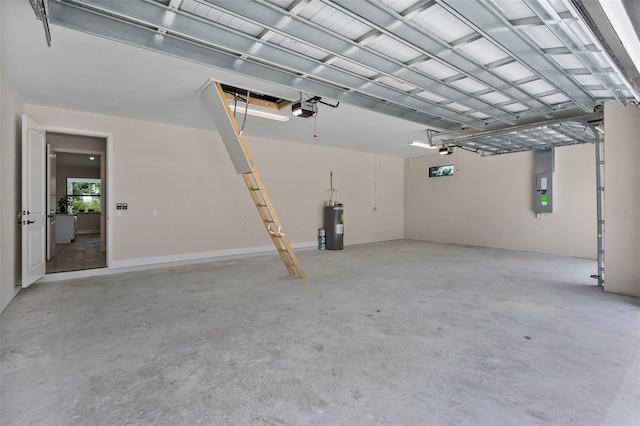 garage featuring electric panel, a garage door opener, and water heater