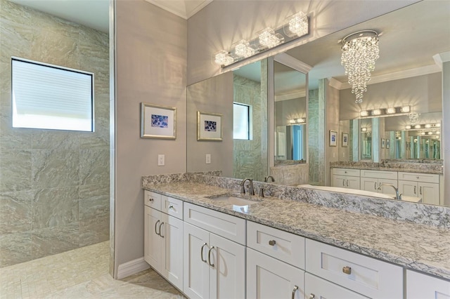 bathroom featuring vanity, a shower, an inviting chandelier, and ornamental molding