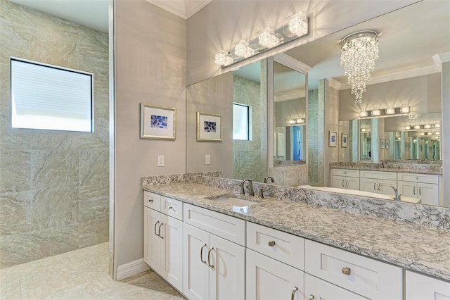 bathroom featuring a notable chandelier, crown molding, vanity, and walk in shower