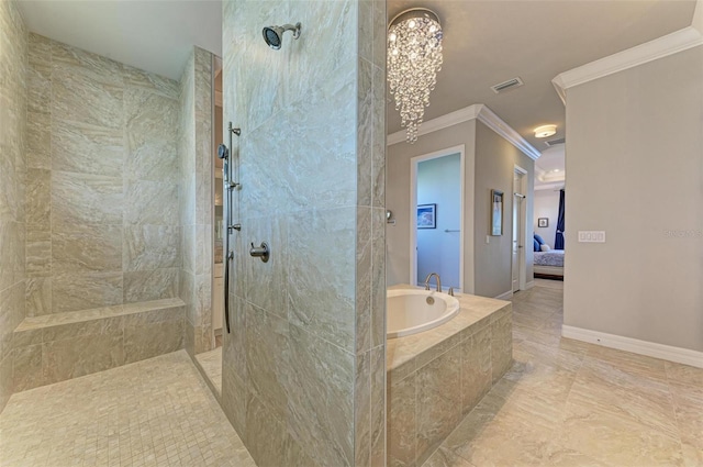 bathroom with a chandelier, ornamental molding, and independent shower and bath