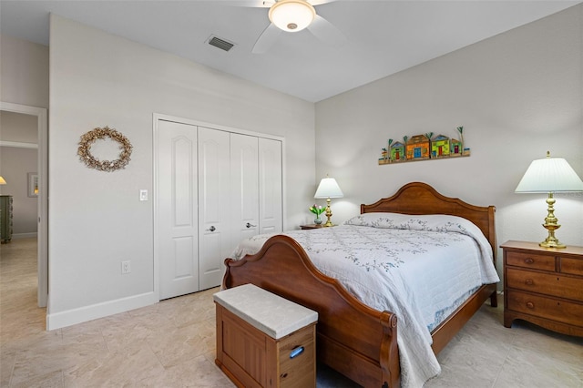 bedroom with ceiling fan and a closet