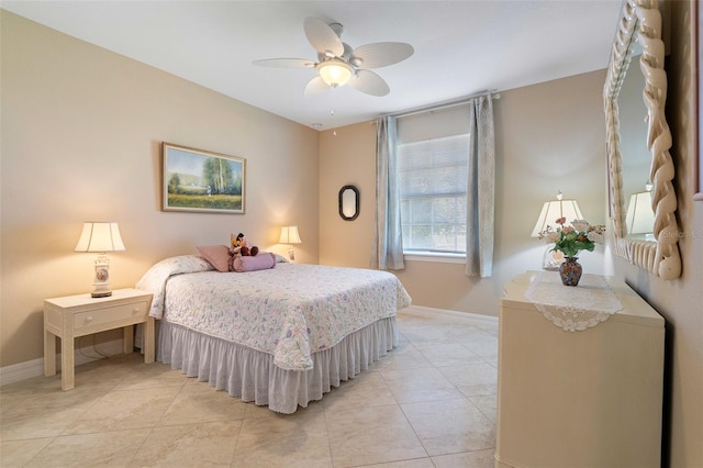 bedroom with light tile patterned floors and ceiling fan