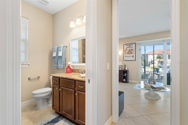 bathroom with tile patterned flooring, vanity, and toilet