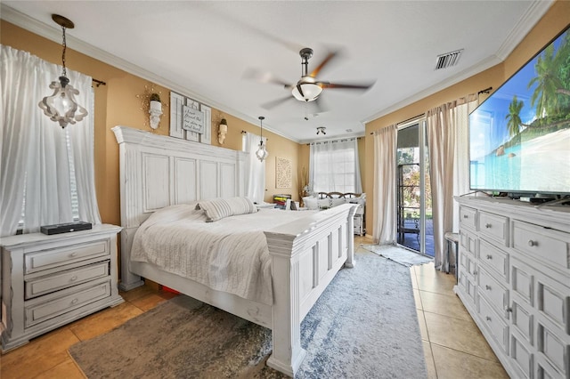 17080 Kellog Ave, Port Charlotte, FL 33954 - bedroom featuring ornamental molding, access to outside, light tile patterned flooring, and ceiling fan