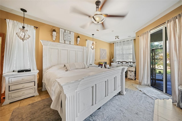 17080 Kellog Ave, Port Charlotte, FL 33954 - bedroom featuring crown molding, access to exterior, light tile patterned flooring, and a ceiling fan