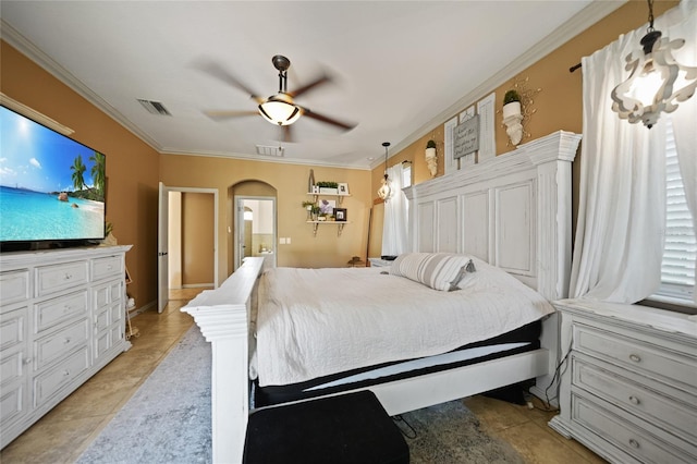 17080 Kellog Ave, Port Charlotte, FL 33954 - bedroom featuring crown molding, arched walkways, a ceiling fan, and light tile patterned flooring