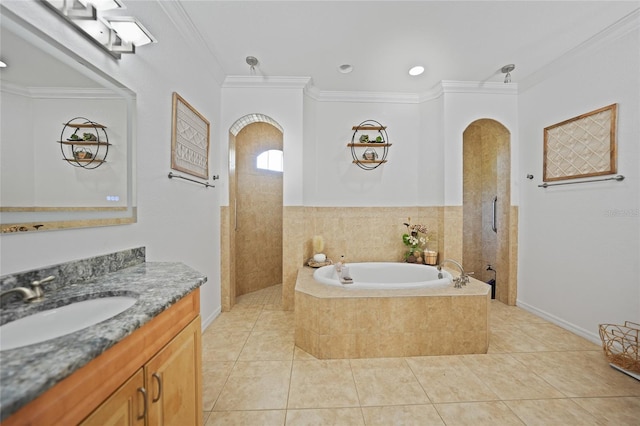 17080 Kellog Ave, Port Charlotte, FL 33954 - bathroom featuring ornamental molding, a bath, vanity, walk in shower, and tile patterned floors