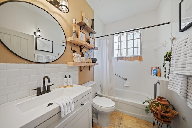 17080 Kellog Ave, Port Charlotte, FL 33954 - bathroom with toilet, shower / bath combination with curtain, vanity, tile patterned flooring, and tasteful backsplash