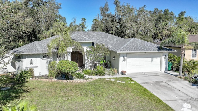 17080 Kellog Ave, Port Charlotte, FL 33954 - ranch-style house featuring an attached garage, stucco siding, a front yard, driveway, and a shingled roof