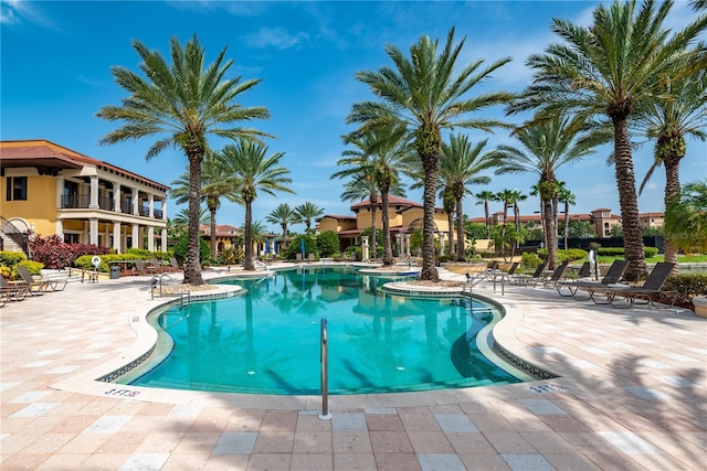 view of swimming pool featuring a patio area